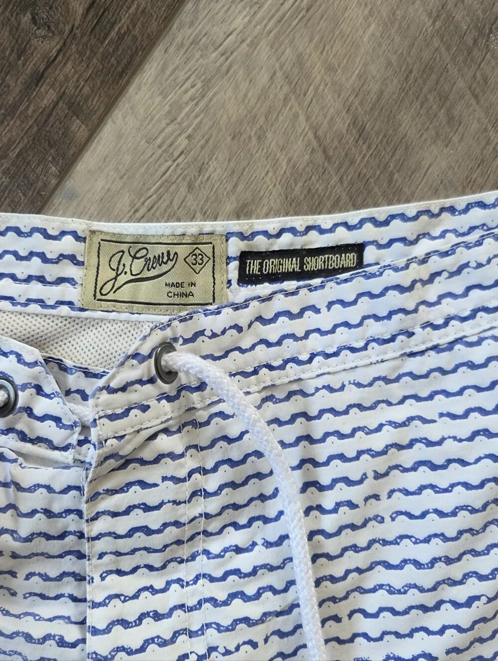 J. Crew White Swim Trunks with Blue Wave Stripe, Size 33